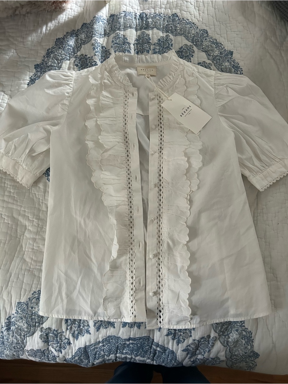 NWT sezane chemise wave Women's White Ruffled Lace-Trim Blouse - Picture 2 of 10